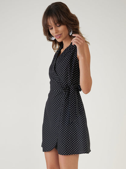 Black Polka Dot Wrap Dress-JEFF COOPER