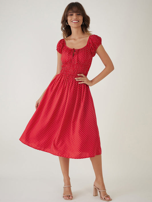 Red Polka Dot Midi Dress-JEFF COOPER