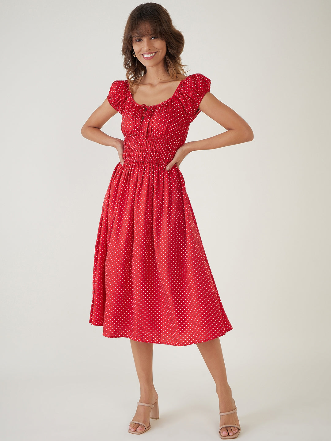 Red Polka Dot Midi Dress-JEFF COOPER