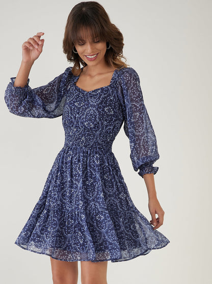 Blue Printed Short Dress-JEFF COOPER