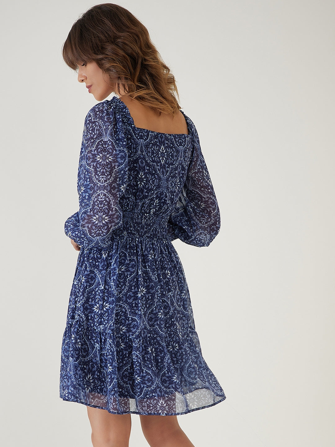 Blue Printed Short Dress-JEFF COOPER