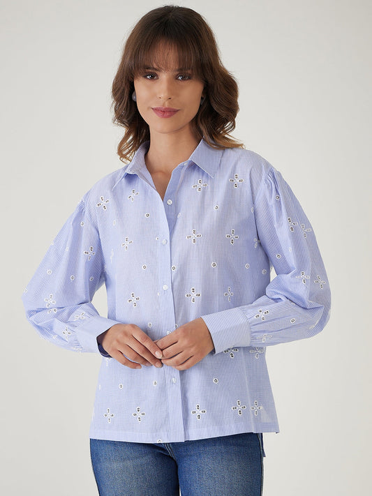 Oversized Blue & White Embroidered Shirt-JEFF COOPER