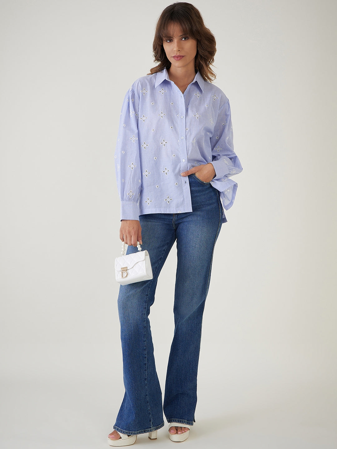 Oversized Blue & White Embroidered Shirt-JEFF COOPER