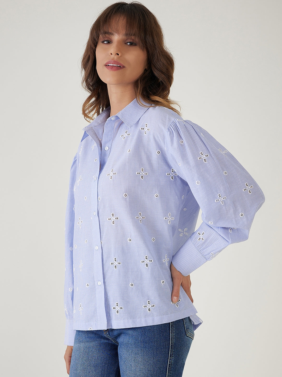 Oversized Blue & White Embroidered Shirt-JEFF COOPER