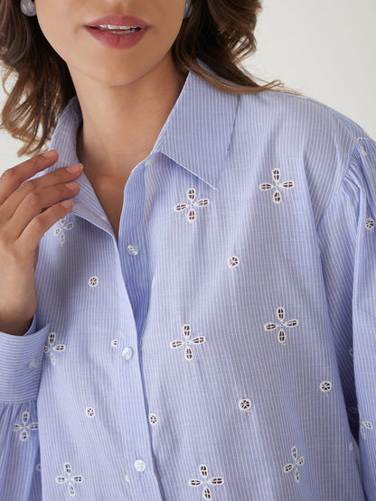 Oversized Blue & White Embroidered Shirt-JEFF COOPER